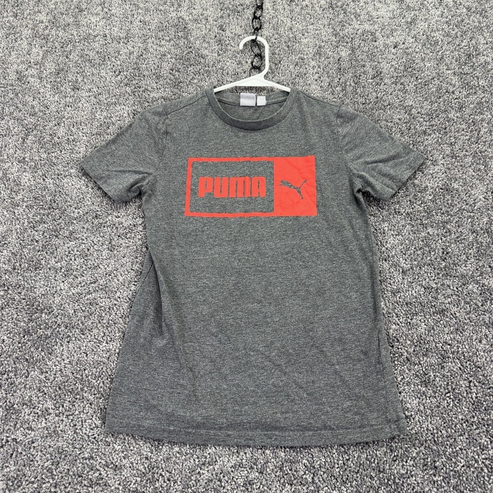 Puma Shirt Kids 10-12 Gray Short Sleeve Red Box Logo Graphic Tee Athletic